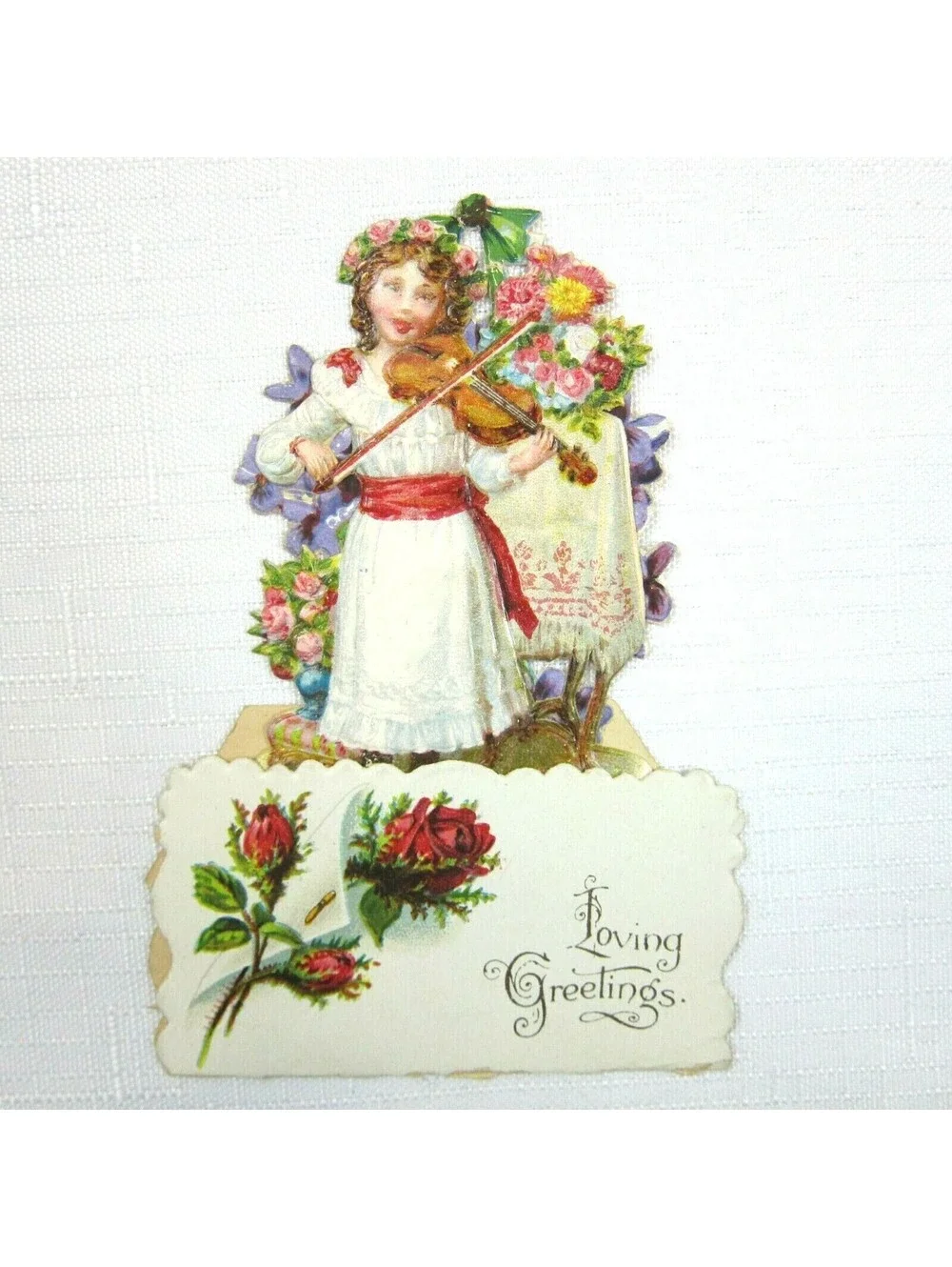 Vintage Valentine Pop Up 3D Die Cut Girl Plays Violin Pull Down Germany 1920-30s